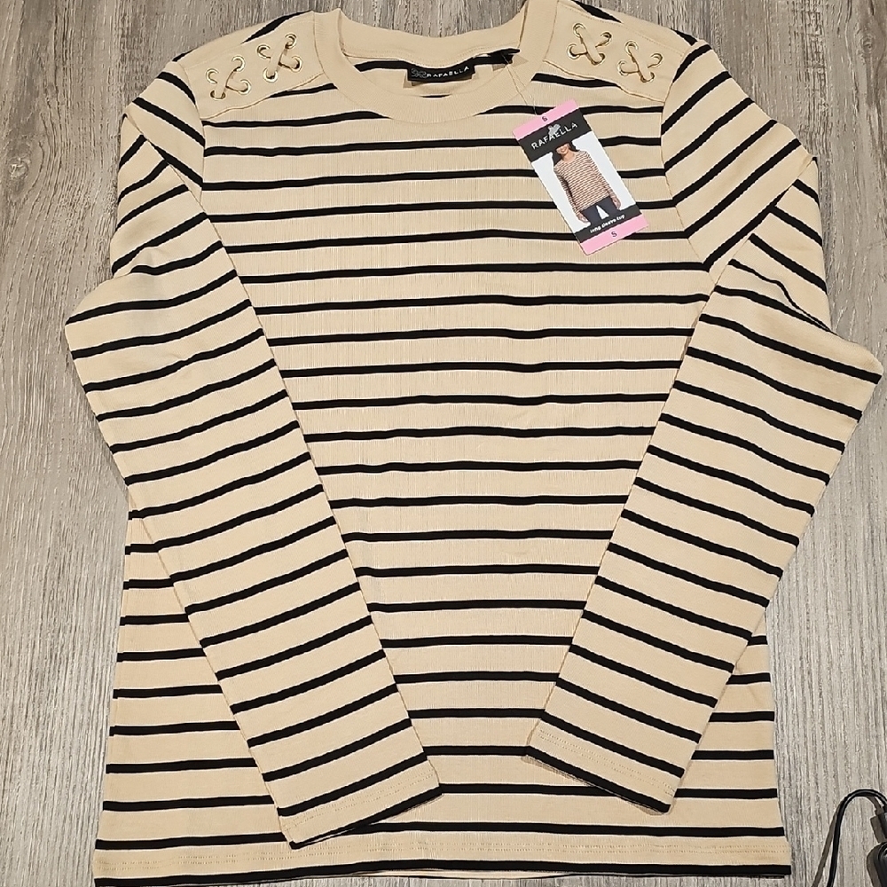 Rafaella Beige and Black Striped Button Down Shirt